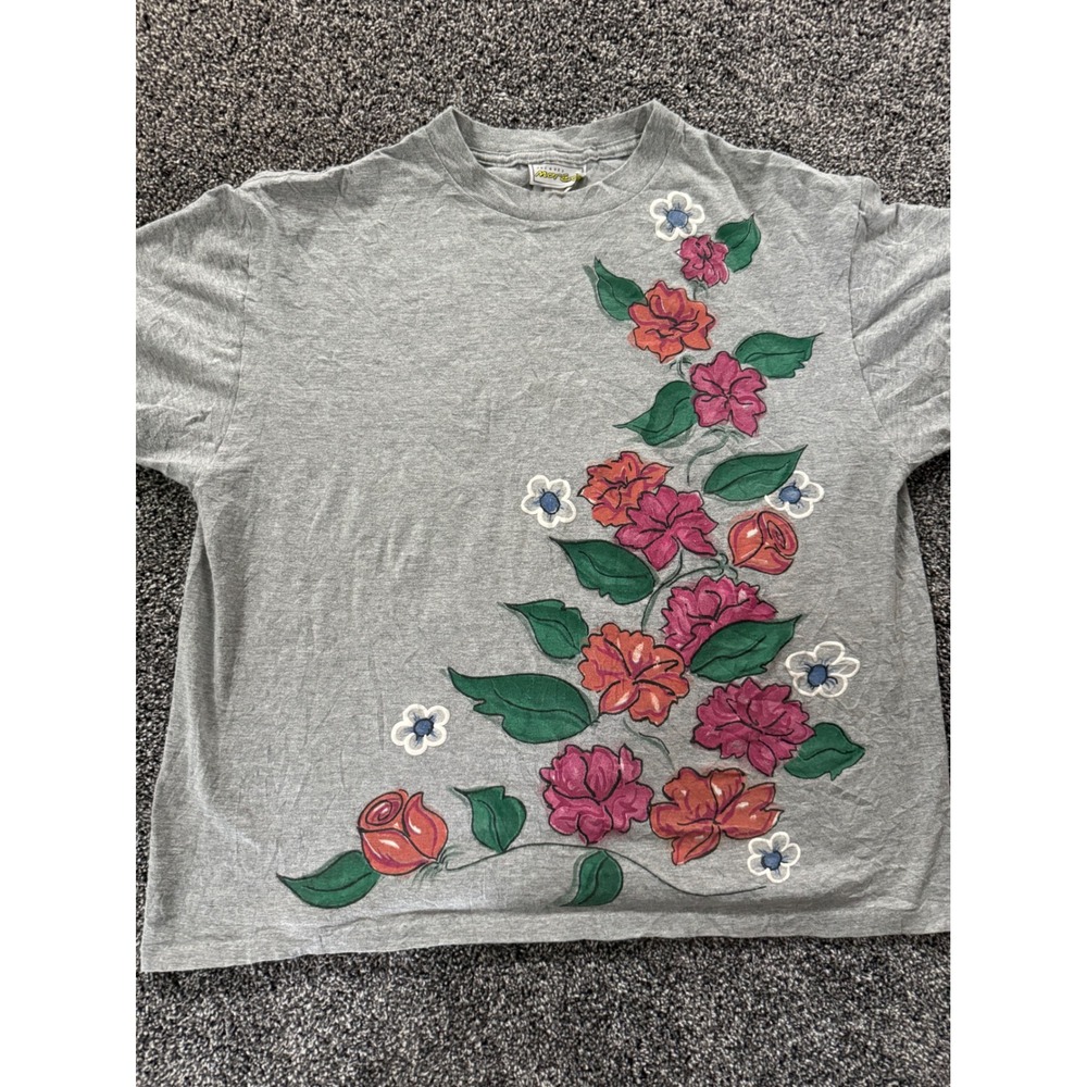 Vintage Jacques Moret Floral Graphic T-Shirt Gray Cotton Made in USA Large